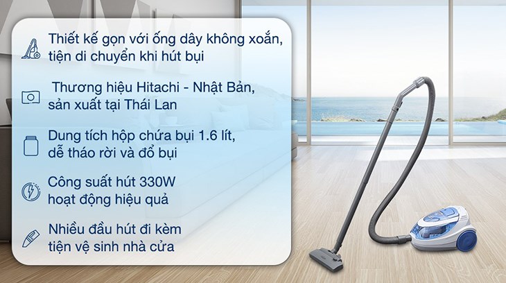 Máy hút bụi dạng hộp Hitachi CV-SH18E BL với màu xanh trắng trang nhã
