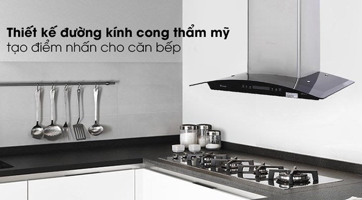 Máy hút mùi kính cong Apex APB6601-70C sở hữu thiết kế cong hiện đại, áp tường tiện lợi, thẩm mỹ cao