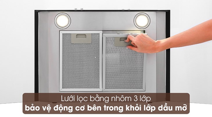 Máy hút mùi kính cong Apex APB6601-90C sở hữu lưới lọc 3 lớp giúp gia tăng hiệu quả hút mùi và loại bỏ dầu mỡ