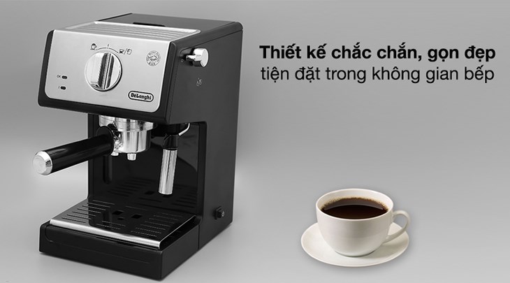 Máy pha cà phê Delonghi có thiết kế nhỏ gọn, kiểu dáng hiện đại, sang trọng