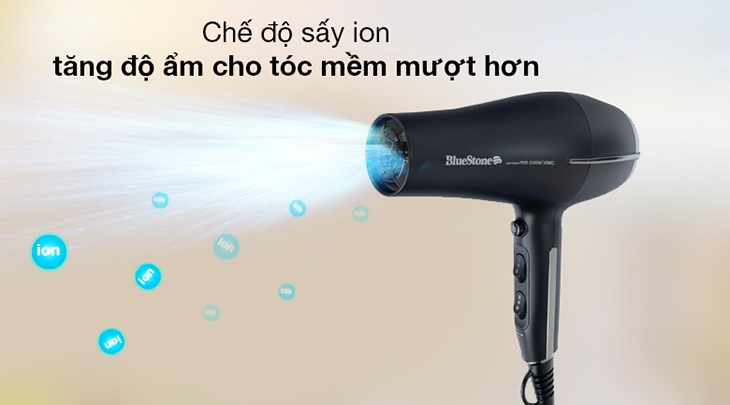 Máy sấy tóc 1900 - 2300W Bluestone HDB-1871 sở hữu chế độ sấy ion giúp tăng độ ẩm cho mái tóc bóng mượt tự nhiên