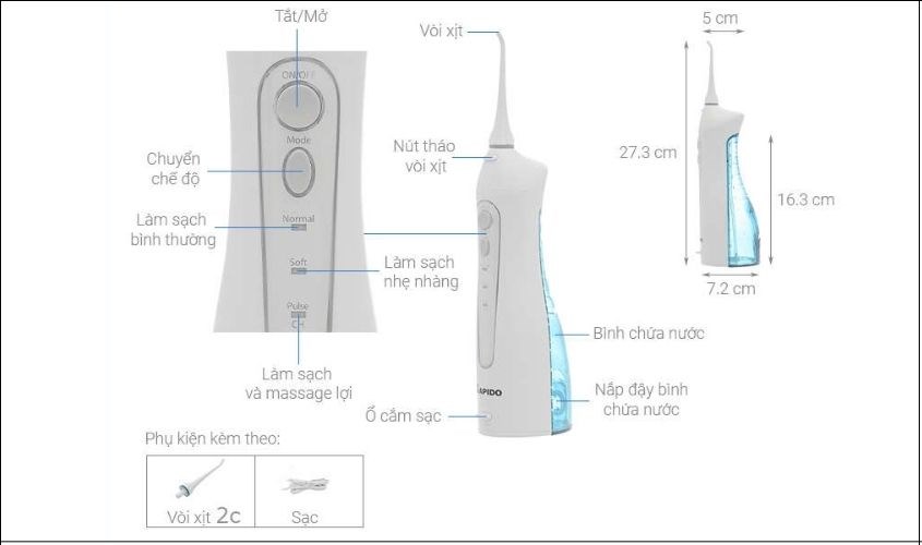 Máy tăm nước Rapido có thiết kế tiện lợi