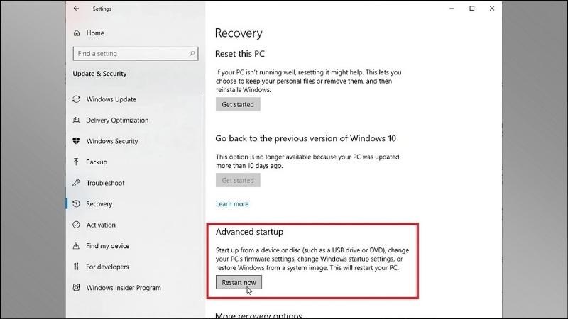 Tại khung bên phải của Advanced startup, bấm nút Restart now