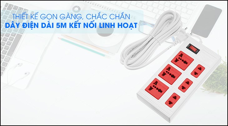 Ổ cắm điện Điện Quang 6 lỗ 5m ECO ĐQ ESK 5WR 6ECO có thiết kế gọn gàng, tiện dụng, dễ di chuyển