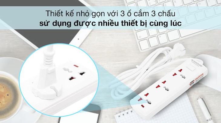 Ổ cắm điện Sunhouse 3 lỗ 2.5m SHE OC6-3P được thiết kế nhỏ gọn có 3 ổ cắm 3 chấu, sử dụng nhiều thiết bị cùng lúc tiện lợi.
