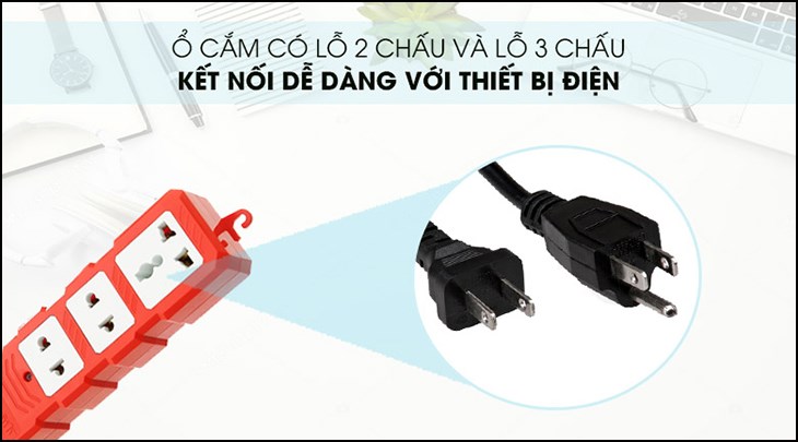 Ổ cắm điện Điện Quang 3 lỗ 5m ĐQ ESKHP 3RW có lỗ 2 chấu dễ dàng kết nối với các thiết bị điện
