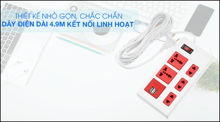 Ổ cắm điện Điện Quang 5 lỗ 2 USB 5m ECO ĐQ ESK 5WR 5ECO 2A thuộc dòng ổ cắm đa năng, có thể sử dụng cho nhiều loại phích cắm