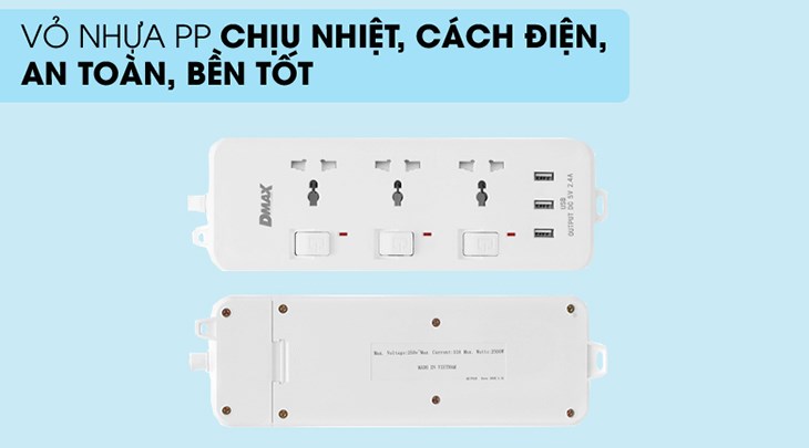 Ổ cắm điện DMAX 3 lỗ 3 USB 5m YH-U633 có vỏ làm bằng nhựa PP cho khả năng chịu nhiệt, cách điện tốt