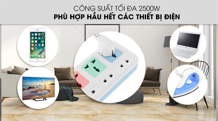 Ổ cắm điện Comet 7 lỗ 3m CES4433 có công suất 2500W, phù hợp với hầu hết các thiết bị điện