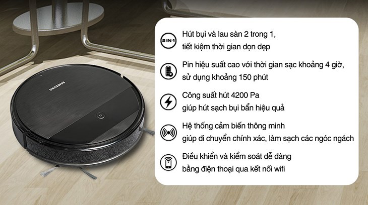 Robot hút bụi lau nhà Samsung VR05R5050WK/SV có kiểu dáng gọn nhẹ, nhỏ nhắn, màu đen lịch lãm,