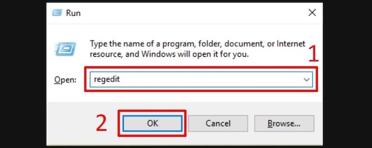 Nhập “regedit” trong hộp thoại Run và chọn OK