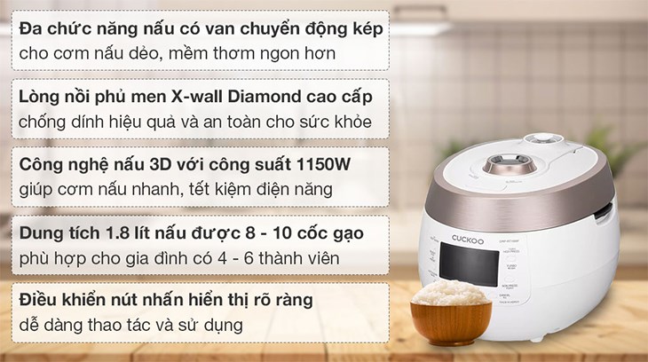 Nồi cơm điện tử áp suất Cuckoo 1.8 lít CRP-RT1008F/WHPGVN sở hữu thiết kế hiện đại, có đa chức năng nấu