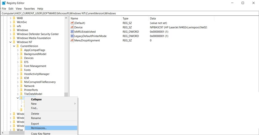 Trong cửa sổ Regedit bạn tìm đến thư mục Windows