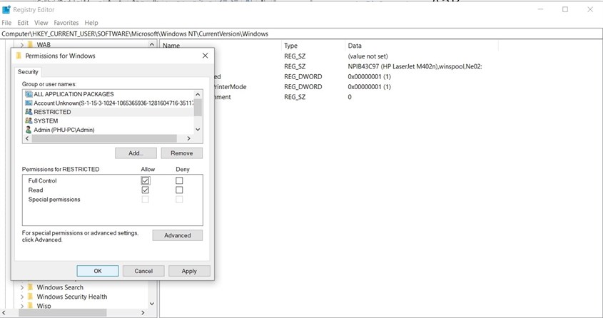 Bạn chọn vào RESTRICTED và tích chọn mục Full control và nhấn OK.