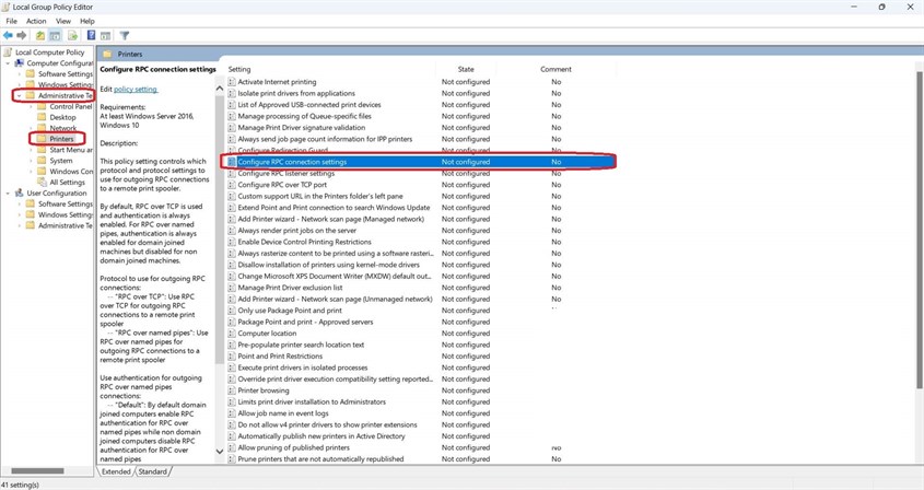 Bạn truy cập vào đường dẫn: Administrative Templates - Printers - Configure RPC connection settings.
