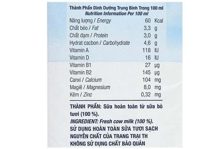 Thành phần dinh dưỡng của sữa tươi không đường TH True Milk