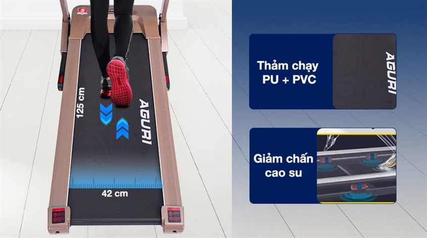 Máy chạy bộ Aguri AGT-122L với thảm chạy êm ái, hạn chế chấn thương
