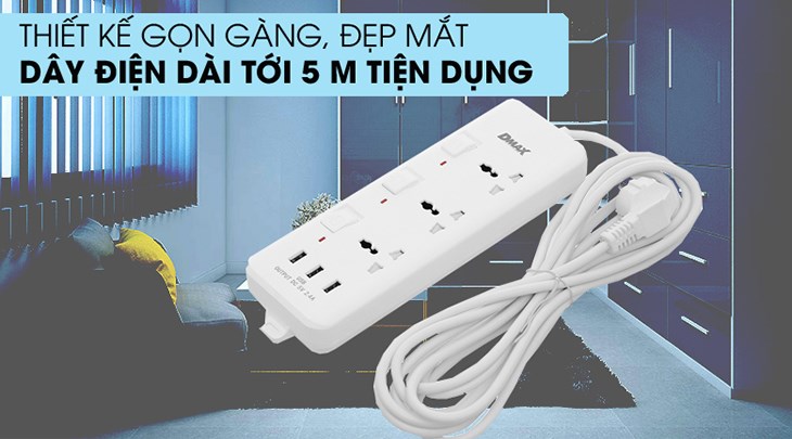 Ổ cắm điện DMAX 3 lỗ 3 USB 5m YH-U633 có thiết kế 3 lỗ cắm 3 chấu và 3 lỗ sạc USB tiện lợi