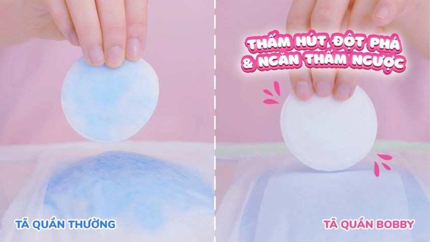 Tã quần Bobby có khả năng thấm hút đột phá và ngăn chất lỏng tràn ngược ra ngoài Tã quần Bobby có khả năng thấm hút đột phá và ngăn chất lỏng tràn ngược ra ngoài
