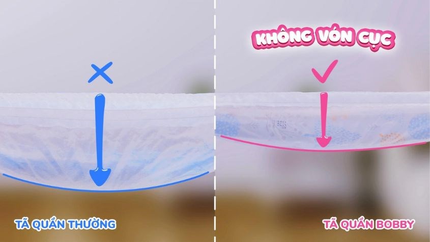Tã quần Bobby không gây vón cục khi thẩm thấu chất lỏng Tã quần Bobby không gây vón cục khi thẩm thấu chất lỏng