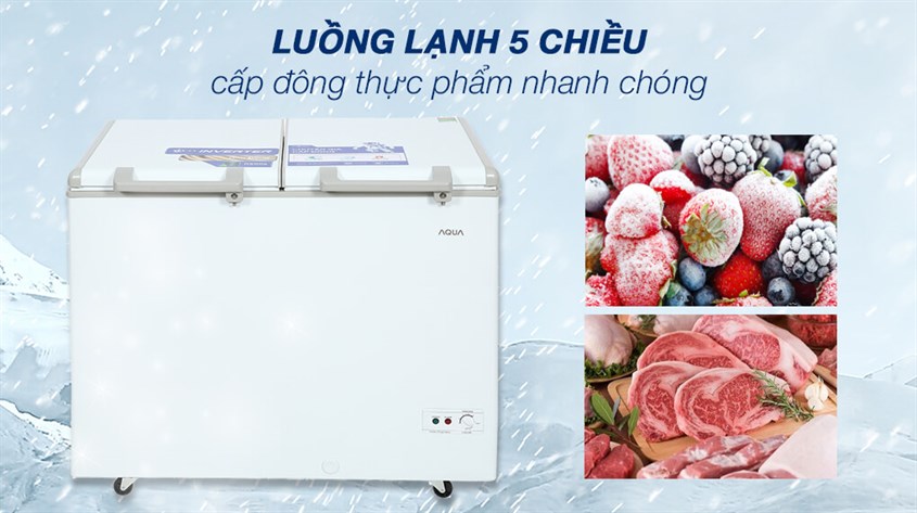 Tủ đông AQUA Inverter 319 lít AQF-C4201E có dàn lạnh 5 chiều giúp thực phẩm được làm lạnh toàn bộ