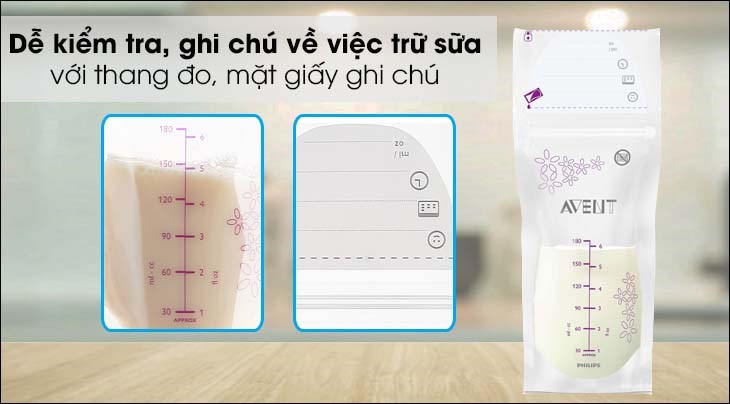 Túi trữ sữa Philips Avent 180ml SCF603/25 (25 cái) sở hữu thang đo, mặt giấy ghi chú giúp mẹ dễ kiểm tra, theo dõi việc trữ sữa 