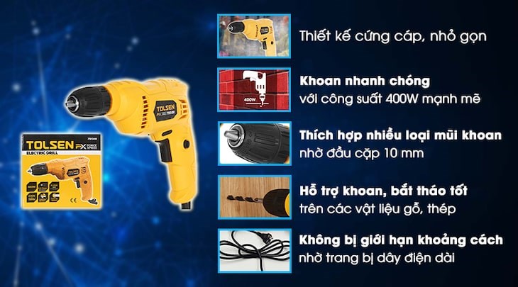 Máy khoan điện Tolsen 79500 400W nhỏ gọn, tiện lợi với nhiều ưu điểm nhưng sẽ phải đem dây bên cạnh