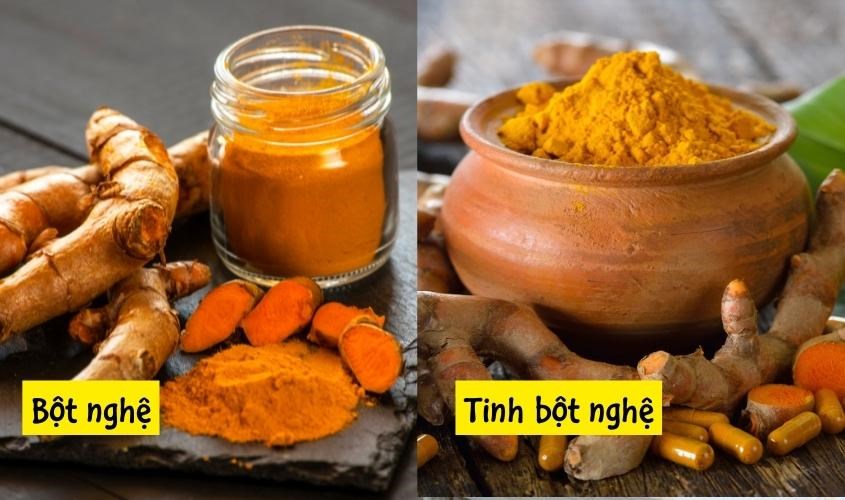 Bột nghệ cái mùi hắc và màu sẫm hơn so với tinh bột nghệ