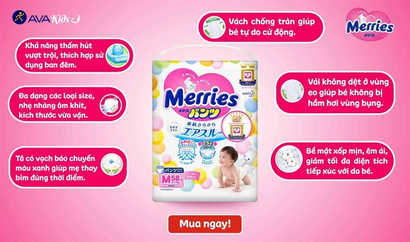 Tã quần Merries size M 58 miếng (6 - 11 kg)