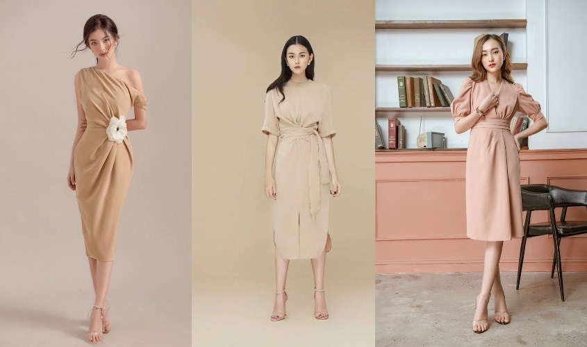 10 mẫu váy đầm màu nude trễ vai thu hút nhất 2021