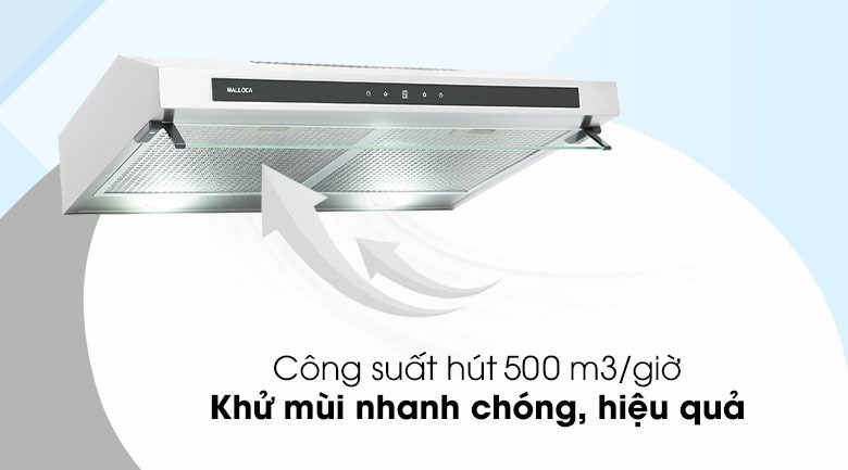 Máy hút mùi áp tường Malloca H342.7 TC được trang bị đèn Led chiếu sáng, tiện lợi trong quá trình nấu nướng 