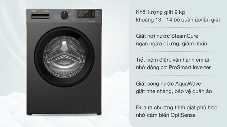 Máy giặt Beko Inverter 9 kg WCV9614XB0STM có giá 10.490.000 đồng (cập nhật tháng 05/2023, có thể thay đổi theo thời gian)