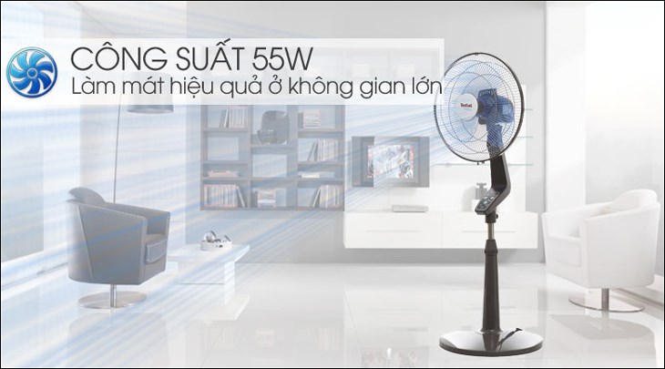 Quạt đứng Tefal VF3649-7 hoạt động với công suất 55W tạo làn gió trải rộng, giúp làm mát hiệu quả