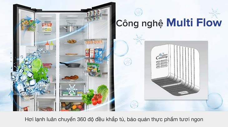 Công nghệ lành lạnh Multi Flow trên tủ lạnh Midea giúp hơi lạnh lan tỏa đều khắp tủ và giữ thực phẩm luôn tươi ngon