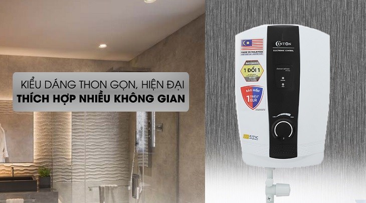 Máy nước nóng trực tiếp Centon 4500W WH8338E EMC sở hữu kiểu dáng thon gọn, hiện đại