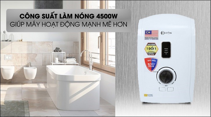 Máy nước nóng trực tiếp Centon 4500W GD600ESP FL EMC có công suất 4500W, giúp làm nóng nước nhanh chóng