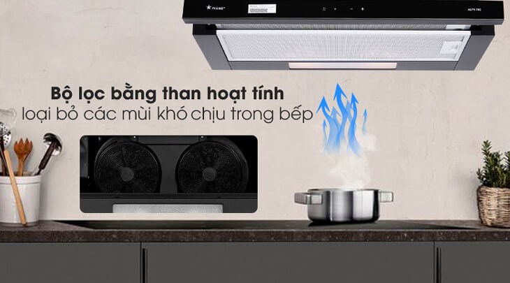 Máy hút mùi Pramie ALP9-700 được trang bị bộ lọc bằng than hoạt tính giúp bầu không khí trong căn bếp được làm sạch một cách nhanh chóng