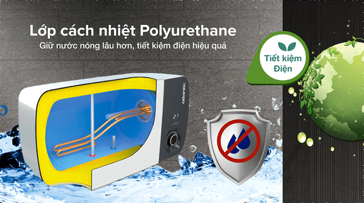 Bình nước nóng Atlantic 30 lít SWH 30H M-3 NEO PLUS 833026 với lớp cách nhiệt Polyurethane giúp giữ nước nóng lâu hơn mà không cần phải đun nước nhiều lần