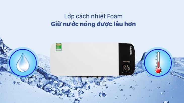 Máy nước nóng gián tiếp Atlantic 30 lít 2500W Neo Max SWH 30H M-2 833023 với giá thành 4.020.000 đồng (giá cập nhật vào tháng 02/2023, có thể thay đổi theo thời gian) có khả năng giữ nhiệt cao nhờ lớp Foam cách nhiệt hiệu quả