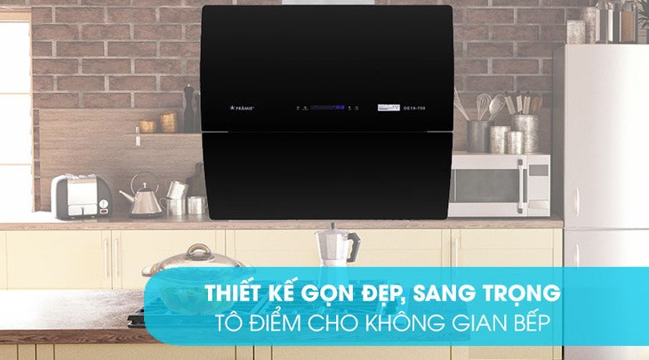 Máy hút mùi áp tường Pramie DE19-700 có thiết kế hiện đại với giá 9.540.000 (cập nhật ngày 26/03/2023, có thể thay đổi theo thời gian)