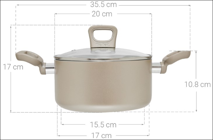 Nồi nhôm chống dính nắp kính 20 cm Tefal H9104414 có đường kính 20cm phù hợp để chế biến thức ăn cho khẩu phần 4 - 5 người