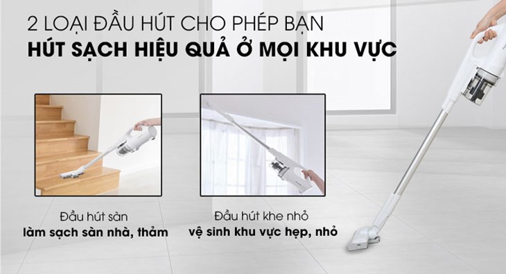 Máy hút bụi không dây Panasonic MC-SB30JW049 sử dụng đầu hút sàn, đầu hút khe nhỏ, chổi vệ sinh giúp bạn hút sạch bụi bẩn nhanh chóng, tiết kiệm thời gian và công sức