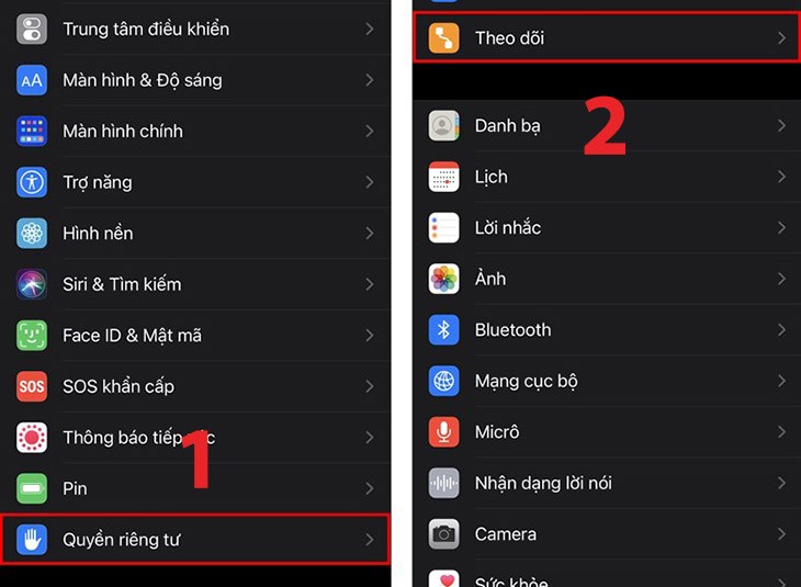 Vào Cài đặt, chọn Quyền riêng tư và chọn Theo dõi