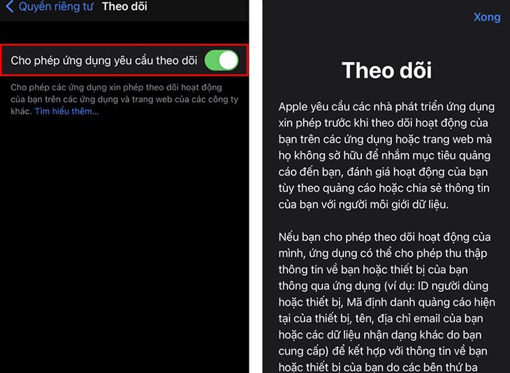 Bật Cho phép ứng dụng yêu cầu theo dõi