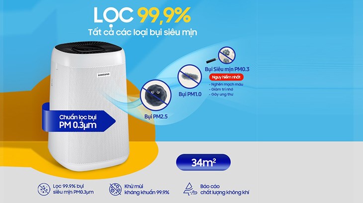Máy lọc không khí Samsung AX34R3020WW/SV 30W có tác dụng lọc đến 99.99% các loại bụi mịn, đem lại không khí trong lành