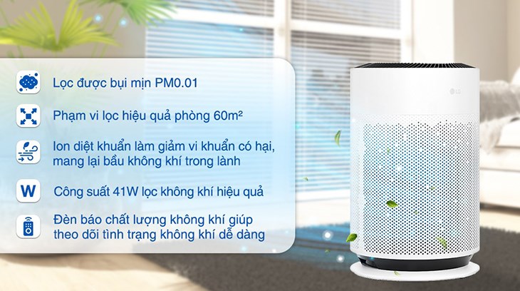 Máy lọc không khí LG PuriCare 360 Hit AS60GHWG0 41W trang bị bộ lọc 3 lớp bao gồm màng lọc thô, màng lọc HEPA H13 và màng lọc than hoạt tính giúp loại bỏ các chất có hại 