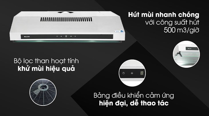 Máy hút mùi áp tường Malloca H342.7 TC có khả năng khử mùi tốt nhờ bộ lọc than hoạt tính