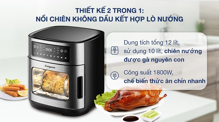 Lò chiên không dầu Kangaroo KG12AF1A 12 lít có thiết kế 2 trong 1 với công suất đạt 1800W
