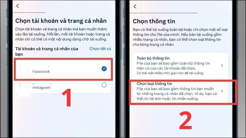 Chọn tài khoản > Chọn Chọn loại thông tin