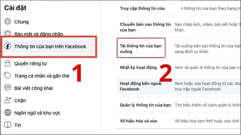 Chọn Thông tin của bạn trên Facebook > Chọn Tải thông tin của bạn xuống